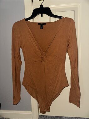 Forever 21 Twist-Front Long Sleeve Bodysuit - Tan